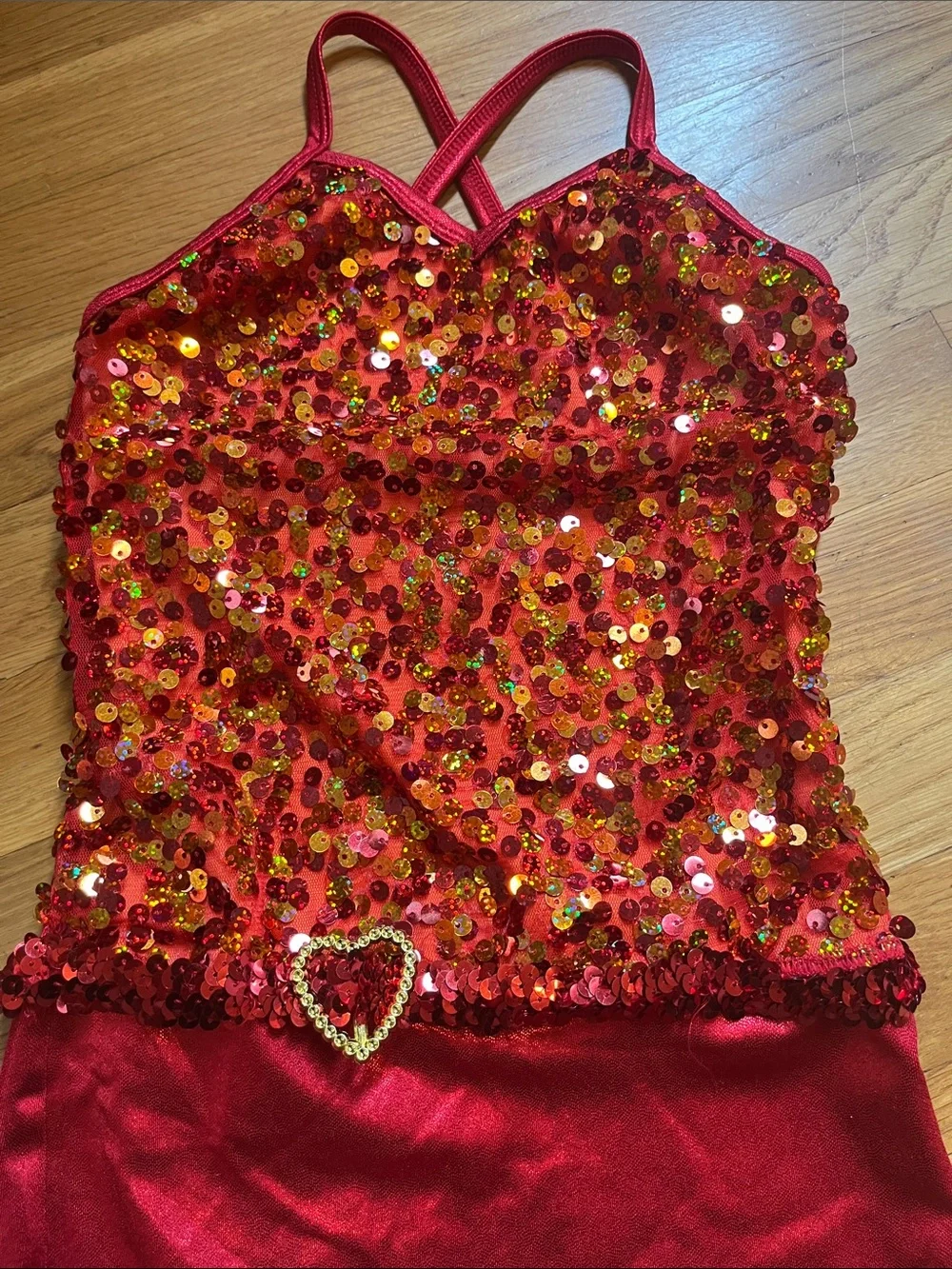 Girls Red and Orange Sequin Dance Costume with Heart Accent